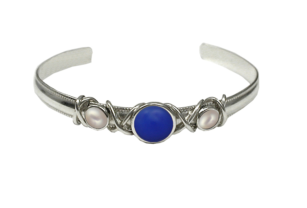 Sterling Silver Hand Made Cuff Bracelet With Blue Onyx And Cultured Freshwater Pearl